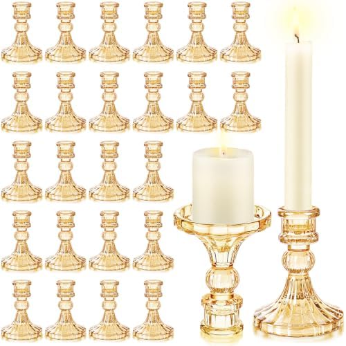 24 Pcs Gold Taper Candle Holders 4'' Tall Candlestick Glass Holders Bulk Stripe Decorative Stand Wedding Stick