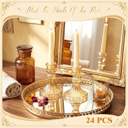 24 Pcs Gold Taper Candle Holders 4'' Tall Candlestick Glass Holders Bulk Stripe Decorative Stand Wedding Stick, alternate