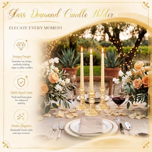 24 Pcs Gold Taper Candle Holders 4'' Tall Candlestick Glass Holders Bulk Stripe Decorative Stand Wedding Stick, alternate