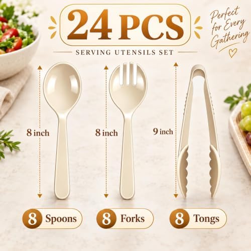 24 Pcs Ivory Plastic Serving Utensils Set, Serving Spoons For Buffet in Beige, alternate view 3