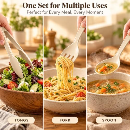 24 Pcs Ivory Plastic Serving Utensils Set, Serving Spoons For Buffet in Beige, alternate view 6