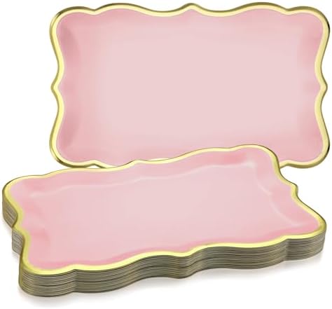 24 Pcs Pink Disposable Paper Serving Trays with Gold Rim Border 9" x 13" Paper Plates for Dinner Cookie Cake