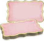 24 Pcs Pink Disposable Paper Serving Trays with Gold Rim Border 9" x 13" Paper Plates for Dinner Cookie Cake