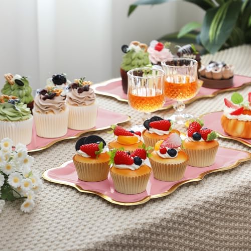 24 Pcs Pink Disposable Paper Serving Trays with Gold Rim Border 9" x 13" Paper Plates for Dinner Cookie Cake, alternate view