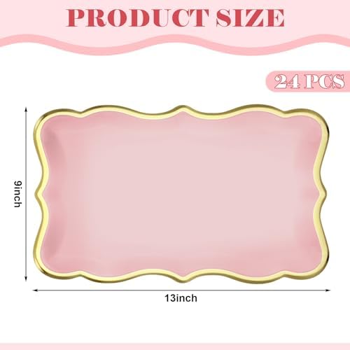 24 Pcs Pink Disposable Paper Serving Trays with Gold Rim Border 9" x 13" Paper Plates for Dinner Cookie Cake, alternate view