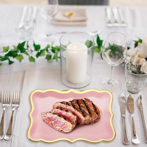 24 Pcs Pink Disposable Paper Serving Trays with Gold Rim Border 9" x 13" Paper Plates for Dinner Cookie Cake, alternate view