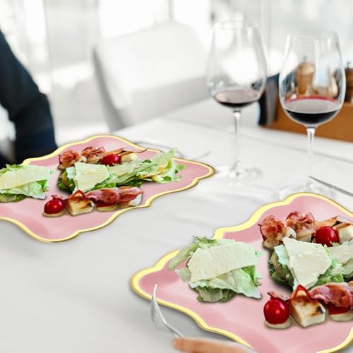 24 Pcs Pink Disposable Paper Serving Trays with Gold Rim Border 9" x 13" Paper Plates for Dinner Cookie Cake, alternate view