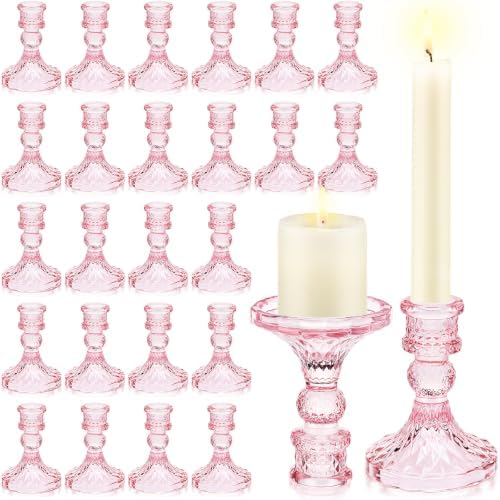 24 Pcs Pink Taper Candle Holders 4'' Tall Candlestick Glass Holders Bulk Crystal Decorative Stand Wedding Stick