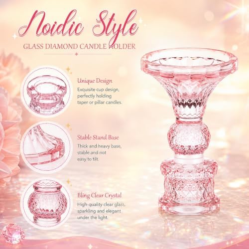 24 Pcs Pink Taper Candle Holders 4'' Tall Candlestick Glass Holders Bulk Crystal Decorative Stand Wedding Stick, alternate