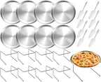 24 Pcs Pizza Pan Riser Stand Set, 8 Metal Pizza Table Stands + 8 Nonstick Pizza Pans + 8 Pie Servers, Gold Pizza