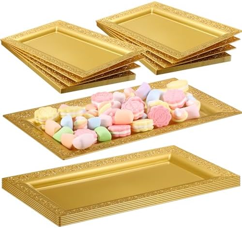 24 Pcs Plastic Serving Tray 14x7.5 Inch Lace Rim, Gold in 14x7.5 Inch in Gold