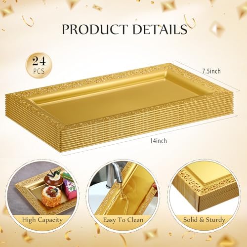 24 Pcs Plastic Serving Tray 14x7.5 Inch Lace Rim, Gold in 14x7.5 Inch in Gold, alternate view 3