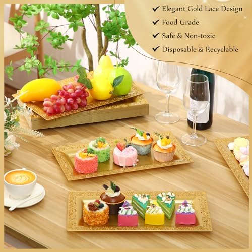 24 Pcs Plastic Serving Tray 14x7.5 Inch Lace Rim, Gold in 14x7.5 Inch in Gold, alternate view 4