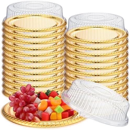 24 Pcs Plastic Serving Trays with Lids, Round, Gold, 12 Inches in Golden
