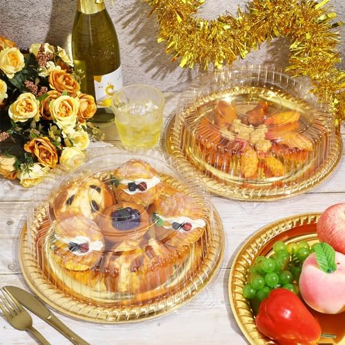 24 Pcs Plastic Serving Trays with Lids, Round, Gold, 12 Inches in Golden, alternate view 2
