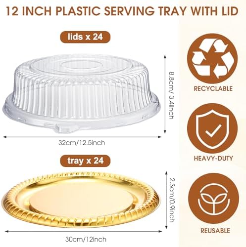 24 Pcs Plastic Serving Trays with Lids, Round, Gold, 12 Inches in Golden, alternate view 3