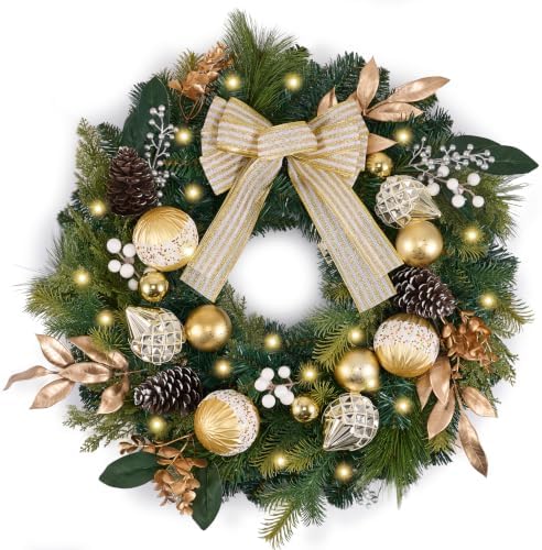 24" Prelit Christmas Wreath for Front Door with Light (Gold) in Gold