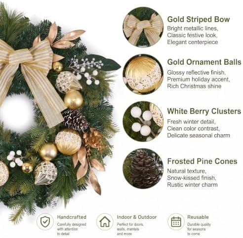 24" Prelit Christmas Wreath for Front Door with Light (Gold) in Gold, alternate view 3