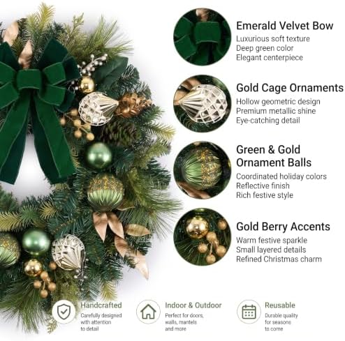 24" Prelit Christmas Wreath for Front Door with Light (Green) in Green Gold, alternate view 3