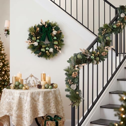 24" Prelit Christmas Wreath for Front Door with Light (Green) in Green Gold, alternate view 6