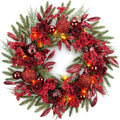 24" Red Hydrangea Christmas Wreath, 20 Fairy Light Battery Powered in Red Hydrangea