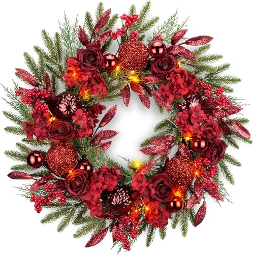 24" Red Hydrangea Christmas Wreath, 20 Fairy Light Battery Powered in Red Hydrangea