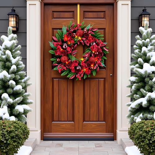24" Red Hydrangea Christmas Wreath, 20 Fairy Light Battery Powered in Red Hydrangea, alternate view 2