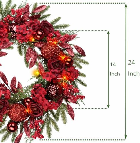 24" Red Hydrangea Christmas Wreath, 20 Fairy Light Battery Powered in Red Hydrangea, alternate view 4