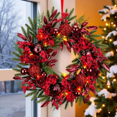 24" Red Hydrangea Christmas Wreath, 20 Fairy Light Battery Powered in Red Hydrangea, alternate view 5