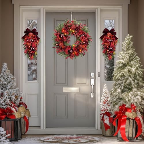 24" Red Hydrangea Christmas Wreath, 20 Fairy Light Battery Powered in Red Hydrangea, alternate view 6