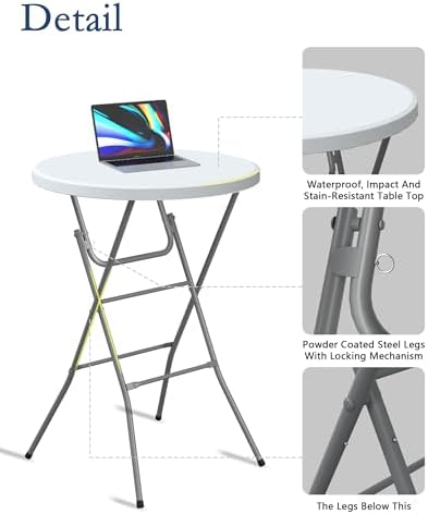 24" Round Folding Table, Plastic Bar Height Tables for Parties White in White, alternate view 4