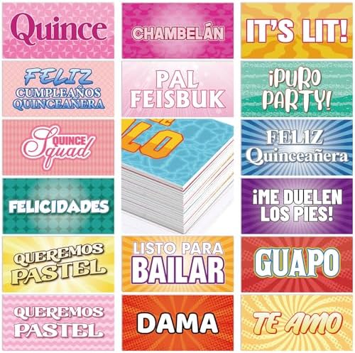 24 Spanish Quinceanera Photo Booth Props, Double Sided PVC Signs in Colorful