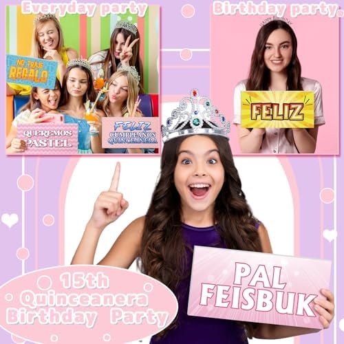 24 Spanish Quinceanera Photo Booth Props, Double Sided PVC Signs in Colorful, alternate view 4