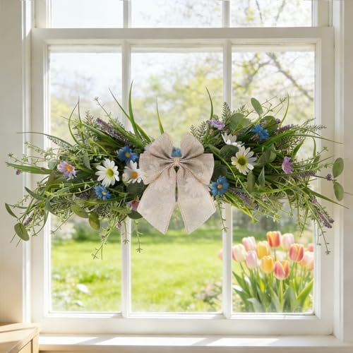 24'' Spring Wreaths for Front Door Summer Floral Swag Blue Spring Door Wreath with Wildflower Lanvender for Wall, alternate
