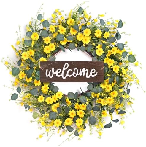 24'' Sunflower Wreaths for Front Door, Welcome Front Door Wreath Summer