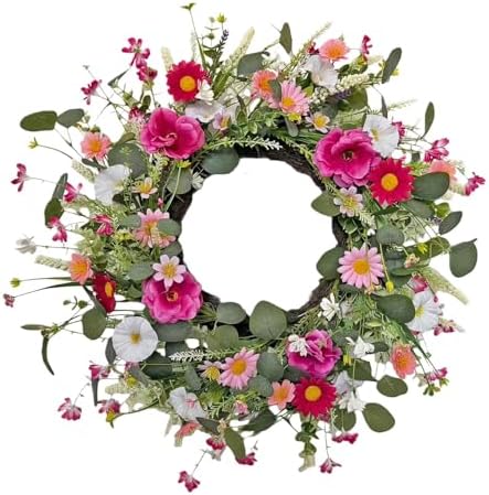 24" Wildflower Wreath for Front Door Daisy Lavender Floral Summer Front Door Wreath with Eucalyptus Greenery for
