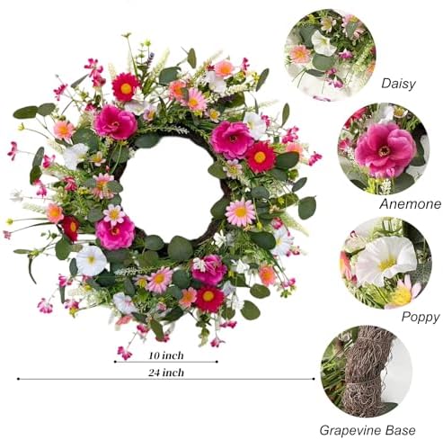 24" Wildflower Wreath for Front Door Daisy Lavender Floral Summer Front Door Wreath with Eucalyptus Greenery for, alternate
