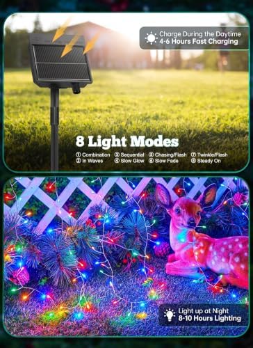 240 LED Solar Fairy Lights Outdoor Waterproof IP65, 20FT 8 Lighting Modes in Multicolor, alternate view 2