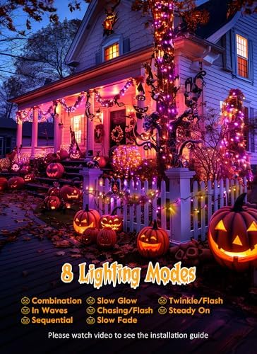 240 LED Solar Halloween Lights Outdoor Waterproof IP65, 20FT 8 Light Modes in Orange & Purple, alternate view 2
