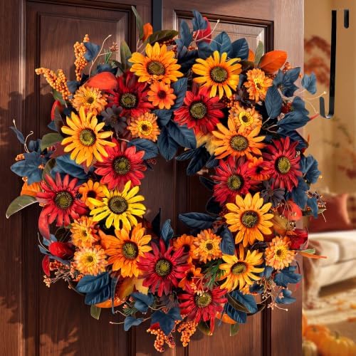 24in Fall Wreaths for Front Door, Sunflower Fall Wreath with Hanger in Orange & Red & Blue