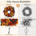 24in Fall Wreaths for Front Door, Sunflower Fall Wreath with Hanger in Orange & Red & Blue, alternate view 2