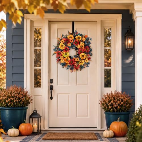 24in Fall Wreaths for Front Door, Sunflower Fall Wreath with Hanger in Orange & Red & Blue, alternate view 4