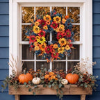 24in Fall Wreaths for Front Door, Sunflower Fall Wreath with Hanger in Orange & Red & Blue, alternate view 6