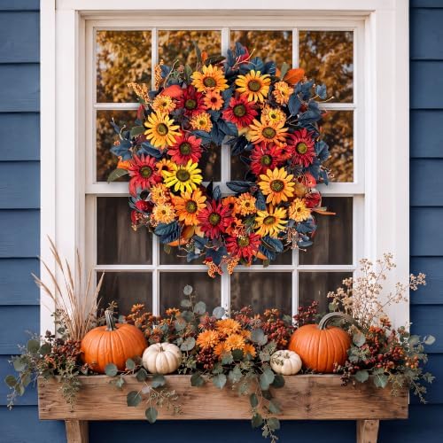 24in Fall Wreaths for Front Door, Sunflower Fall Wreath with Hanger in Orange & Red & Blue, alternate view 6