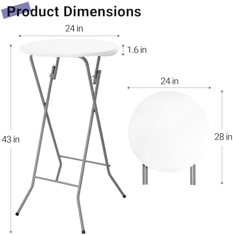 24in Round Folding Cocktail Table, Plastic Bar Height Table, White in White, alternate view 3
