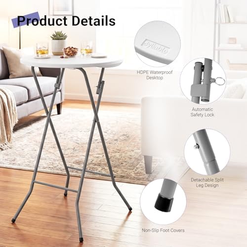24in Round Folding Cocktail Table, Plastic Bar Height Table, White in White, alternate view 5