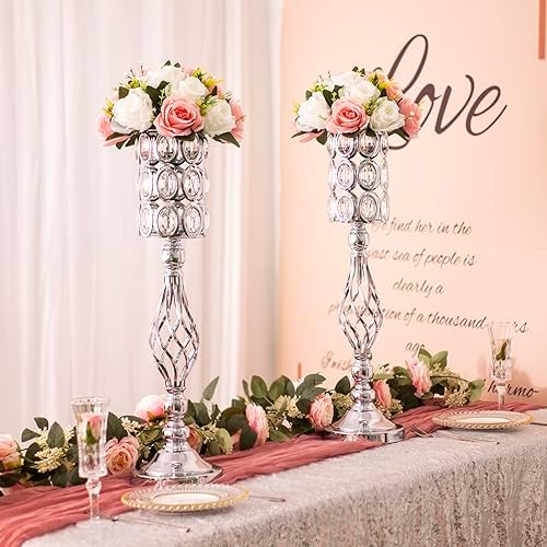 24in Wedding Centerpieces for Tables, 2pcs Silver Metal Diamond Crystal Wedding Flower Stand Centerpiece Vases, alternate