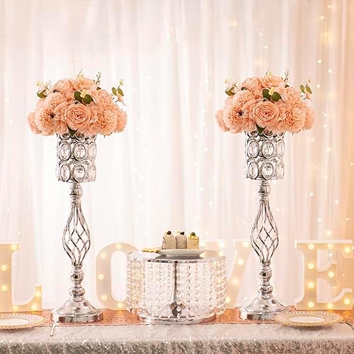 24in Wedding Centerpieces for Tables, 2pcs Silver Metal Diamond Crystal Wedding Flower Stand Centerpiece Vases, alternate