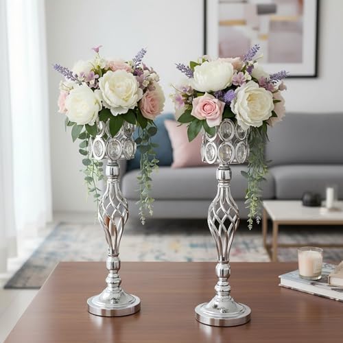 24in Wedding Centerpieces for Tables, 2pcs Silver Metal Diamond Crystal Wedding Flower Stand Centerpiece Vases, alternate