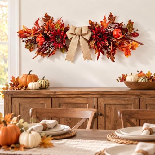 24Inch Artificial Fall Floral Swags Wreaths for Front Door Autumn Sunflower Flowers Pumpkin Berries Maple Leaf, alternate